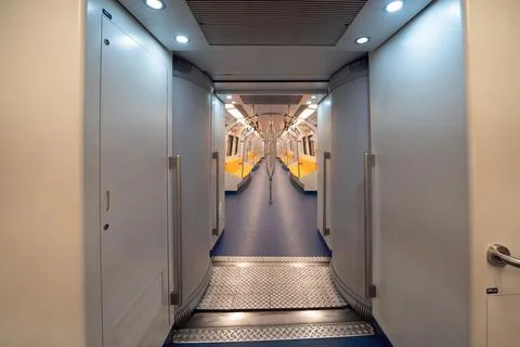 Empty interior inside of the public transport train, subway, or metro in mass Stock Photos