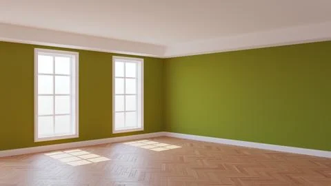 Empty Interior with Khaki Walls, Two Windows, White Ceiling and Cornice Stock Illustration