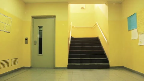 Empty Interior, Lift Door and Stairs in Lobby at a Public School in Argentina. Stock Footage 131397760
