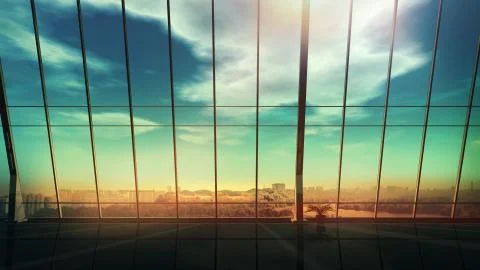 Empty interior of a modern office with panoramic city view. Illustrazione stock