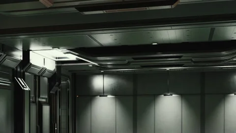 Empty interior of a modern space station with metal walls and lights Stock Footage 342048564