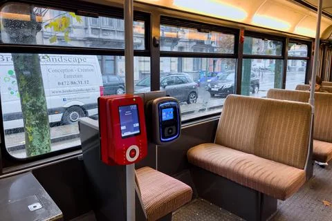 Empty interior of a modern tramway in Brussels Stock Photos