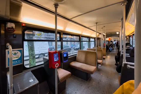 Empty interior of a modern tramway in Brussels Stock Photos