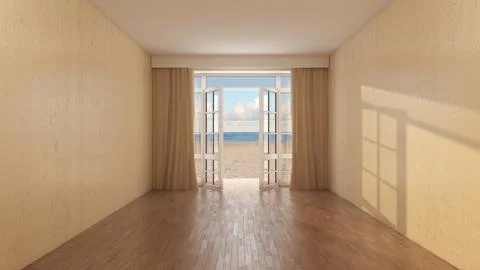 Empty Interior with Open French Doors Overlooking Sunny Beach Stock Illustration