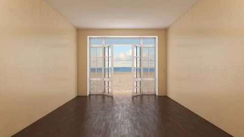 Empty Interior with Open French Window Overlooking Sunny Beach and Blue Sea Stock Illustration