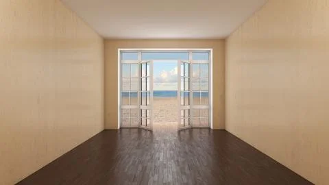 Empty Interior With Open French Window Overlooking Tropical Beach Stock Illustration