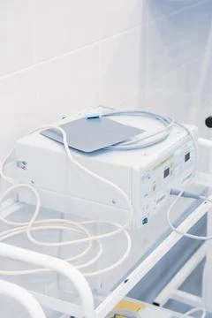 Empty interior operating room and modern equipment in hospital. Medical device Stock Photos