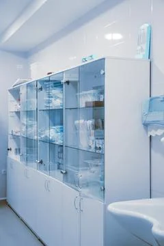 Empty interior operating room and modern equipment in hospital. Medical device Stock Photos