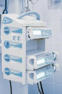 Empty interior operating room and modern equipment in hospital. Medical device Stock Photos