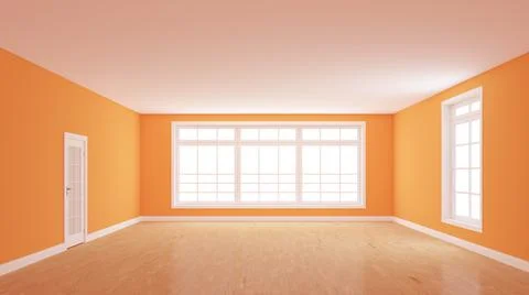 Empty Interior with Orange Walls, Light Parquet Floor, Large Full Wall Window Stock Illustration