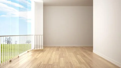 Empty interior with parquet floor and big panoramic window. Meadow with green Stock Illustration