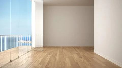 Empty interior with parquet floor and big panoramic terrace. Sea ocean panora Stock Illustration