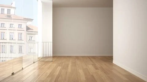 Empty interior with parquet floor and big panoramic terrace. City, old town p Ilustración de archivo