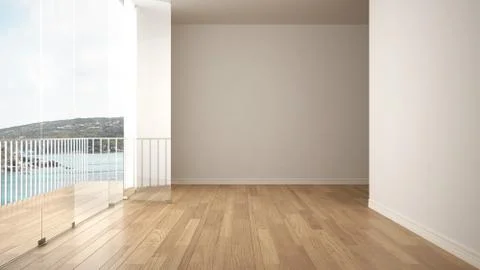 Empty interior with parquet floor and big panoramic terrace. Sea and granite  Illustrazione stock