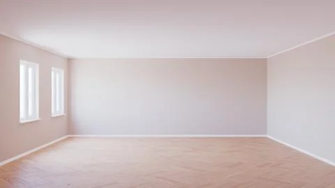 Empty Interior with Parquet Floor, Two Windows, Beige Walls Stock Illustration