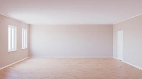 Empty Interior with Parquet Floor, Two Windows, Beige Walls, White Door Illustrazione stock