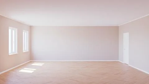 Empty Interior with Parquet Floor, Two Plastic Windows, Beige Walls, White Door Stock Illustration