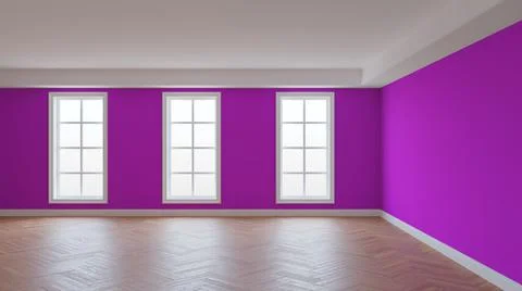 Empty Interior with Pink Walls, White Ceiling and Conrnice, Three Large Windo Stock Illustration
