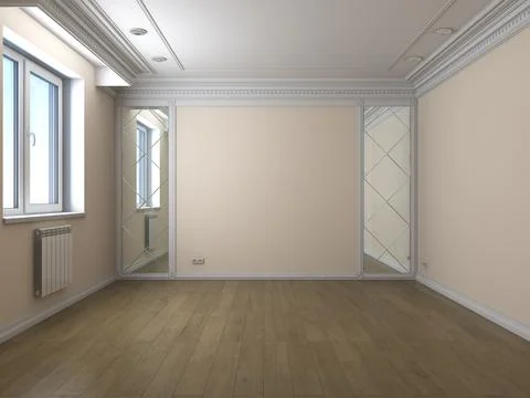 Empty Interior with Plastic Window, Beige Walls and Parquet Floor Stock Illustration