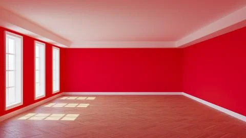 Empty Interior with Red Walls, Three Windows, White Ceiling Cornice Stock Illustration