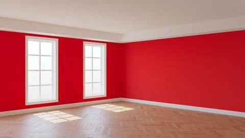 Empty Interior with Red Walls, Two Windows, White Ceiling and Cornice Stock Illustration