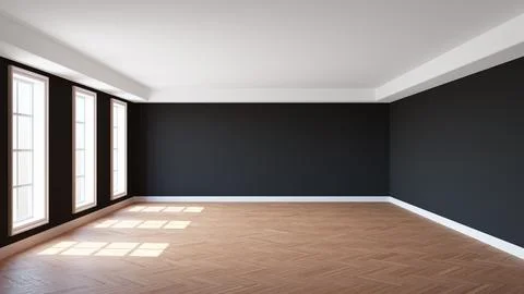 Empty Interior of the Room with Black Stucco Walls, Three Windows, White Ceiling Stock Illustration