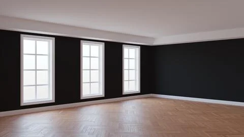 Empty Interior of the Room with Black Stucco Walls, Three Large Windows Stock Illustration