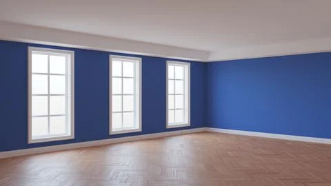 Empty Interior of the Room with Dark Blue Walls, Three Large Windows Stock Illustration