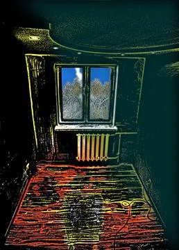 Empty interior room with an expressive window and a tree behind it. Ilustración de archivo