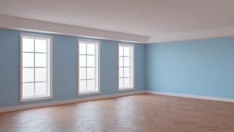 Empty Interior of the Room with Light Blue Color Walls, Three Large Windows Stock Illustration