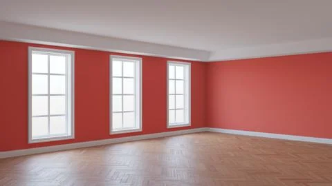 Empty Interior of the Room with Light Red Stucco Walls, Three Large Windows Stock Illustration