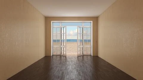 Empty Interior Room with Open Doors and Beach Ocean View Illustrazione stock