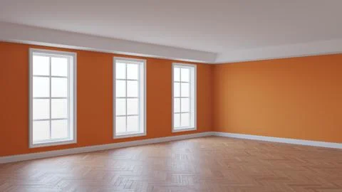 Empty Interior of the Room with Orange Stucco Walls, Three Large Windows Stock Illustration