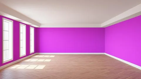 Empty Interior of the Room with Pink Walls, Three Windows, White Ceiling Cornice Stock Illustration