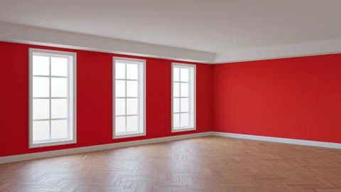 Empty Interior of the Room with Red Stucco Walls, Three Large Windows Stock-Illustration