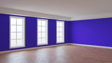 Empty Interior of the Room with Violet Stucco Walls, Three Large Windows Stock Illustration