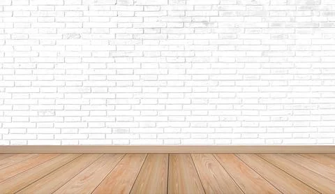 Empty interior room with white brick wall texture and brown wooden floor patt Stock Photos
