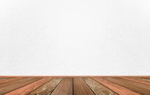 Empty interior room with white cement wall texture and brown wooden floor pat Stock Illustration
