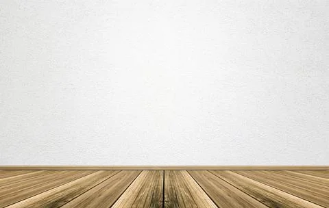 Empty interior room with white cement wall texture and brown wooden floor pat Stock Illustration