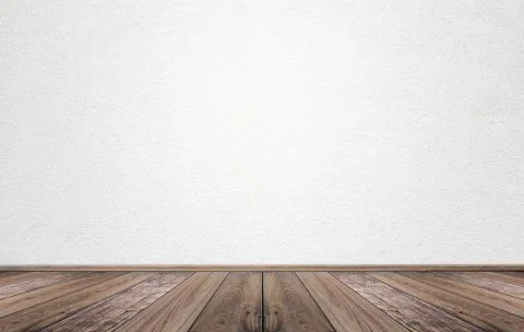 Empty interior room with white cement wall texture and brown wooden floor pat Stock Photos