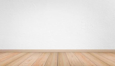 Empty interior room with white cement wall texture and brown wooden floor pat Stock Photos