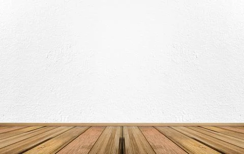Empty interior room with white cement wall texture and brown wooden floor pat Stock Photos