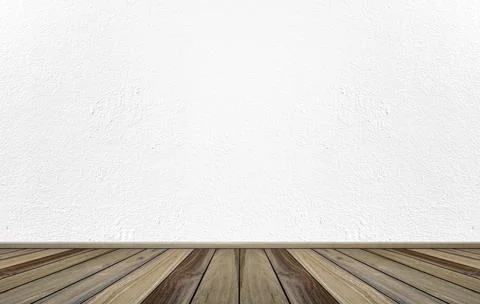 Empty interior room with white cement wall texture and brown wooden floor pat Stock Photos