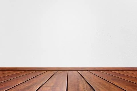 Empty interior room with white cement wall texture and brown wooden floor pat Stock Photos