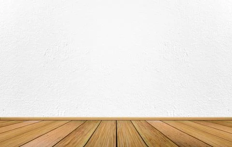 Empty interior room with white cement wall texture and brown wooden floor pat Stock Photos