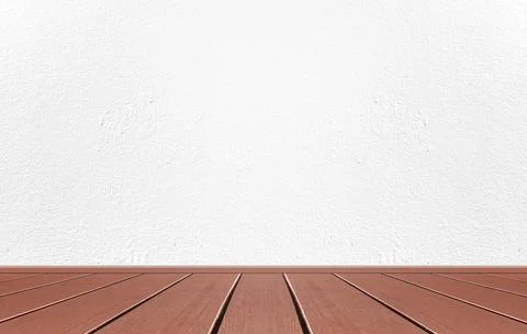 Empty interior room with white cement wall texture and brown wooden floor pat Stock Photos