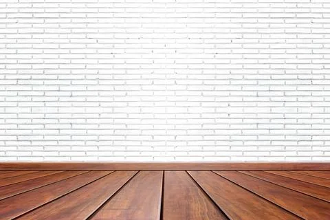 Empty interior room with white cement wall texture and brown wooden floor pat Stock Photos