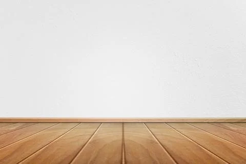 Empty interior room with white cement wall texture and brown wooden floor pat Stock Photos