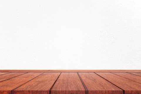 Empty interior room with white cement wall texture and brown wooden floor pat Stock Photos