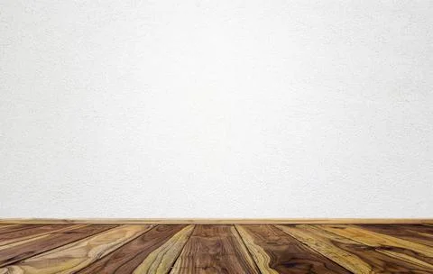 Empty interior room with white cement wall texture and brown wooden floor pat Stock Photos